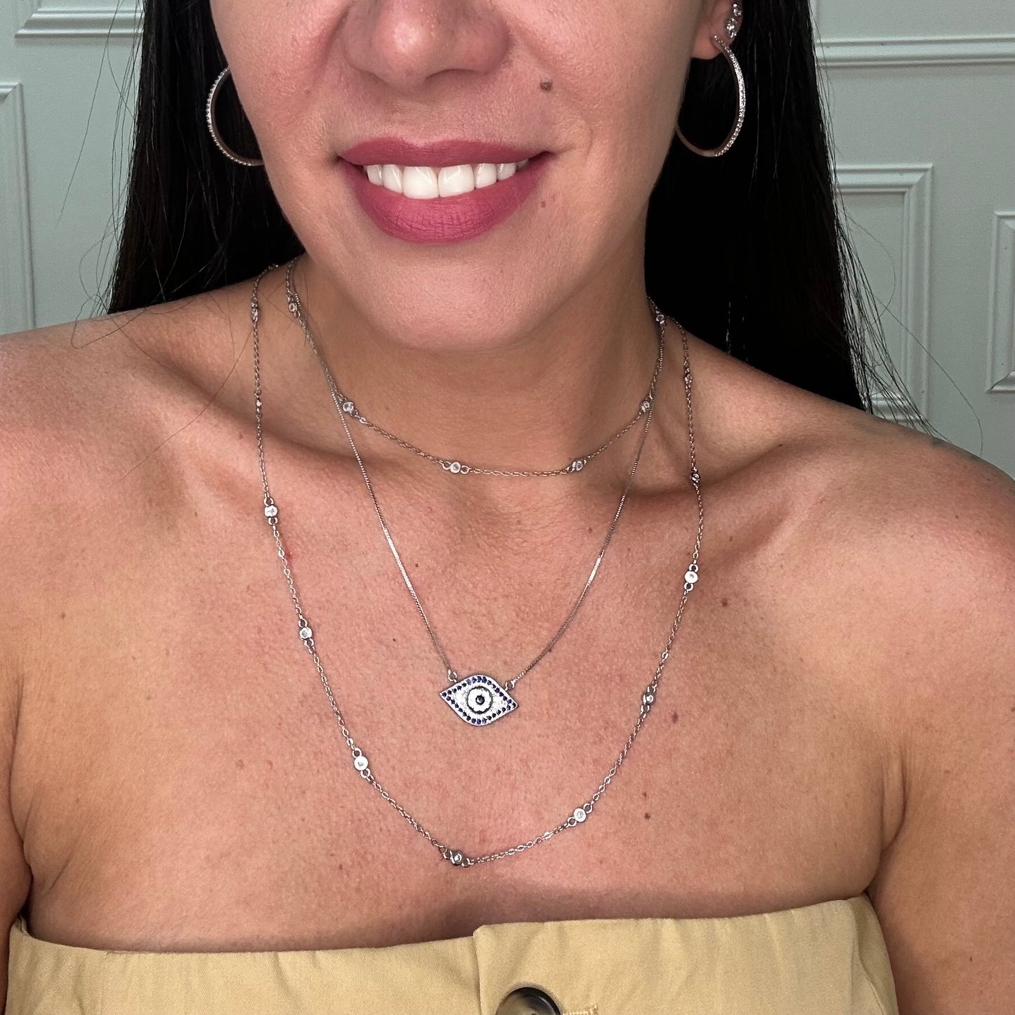 BLUE EVIL EYE NECKLACE | White Rhodium Plated