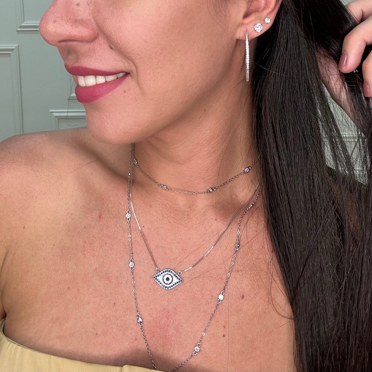 BLUE EVIL EYE NECKLACE | White Rhodium Plated