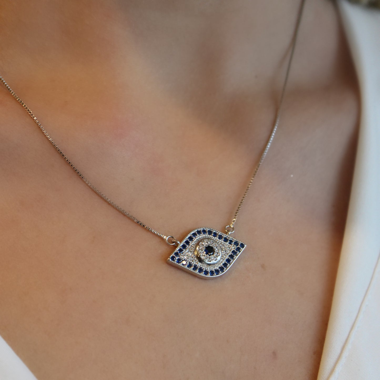 BLUE EVIL EYE NECKLACE | White Rhodium Plated