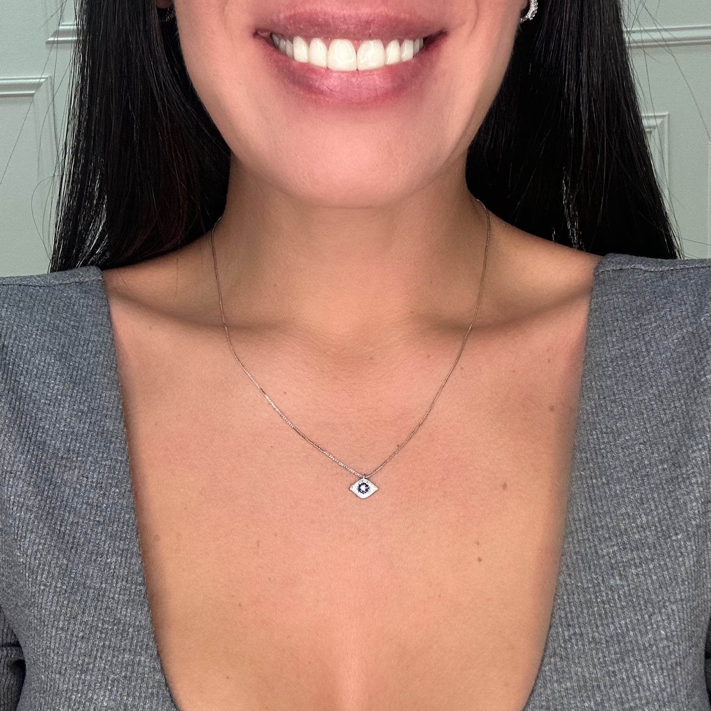 SMALL BLUE EVIL EYE NECKLACE | White Rhodium Plated