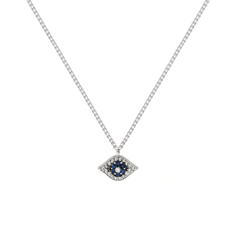 SMALL BLUE EVIL EYE NECKLACE | White Rhodium Plated