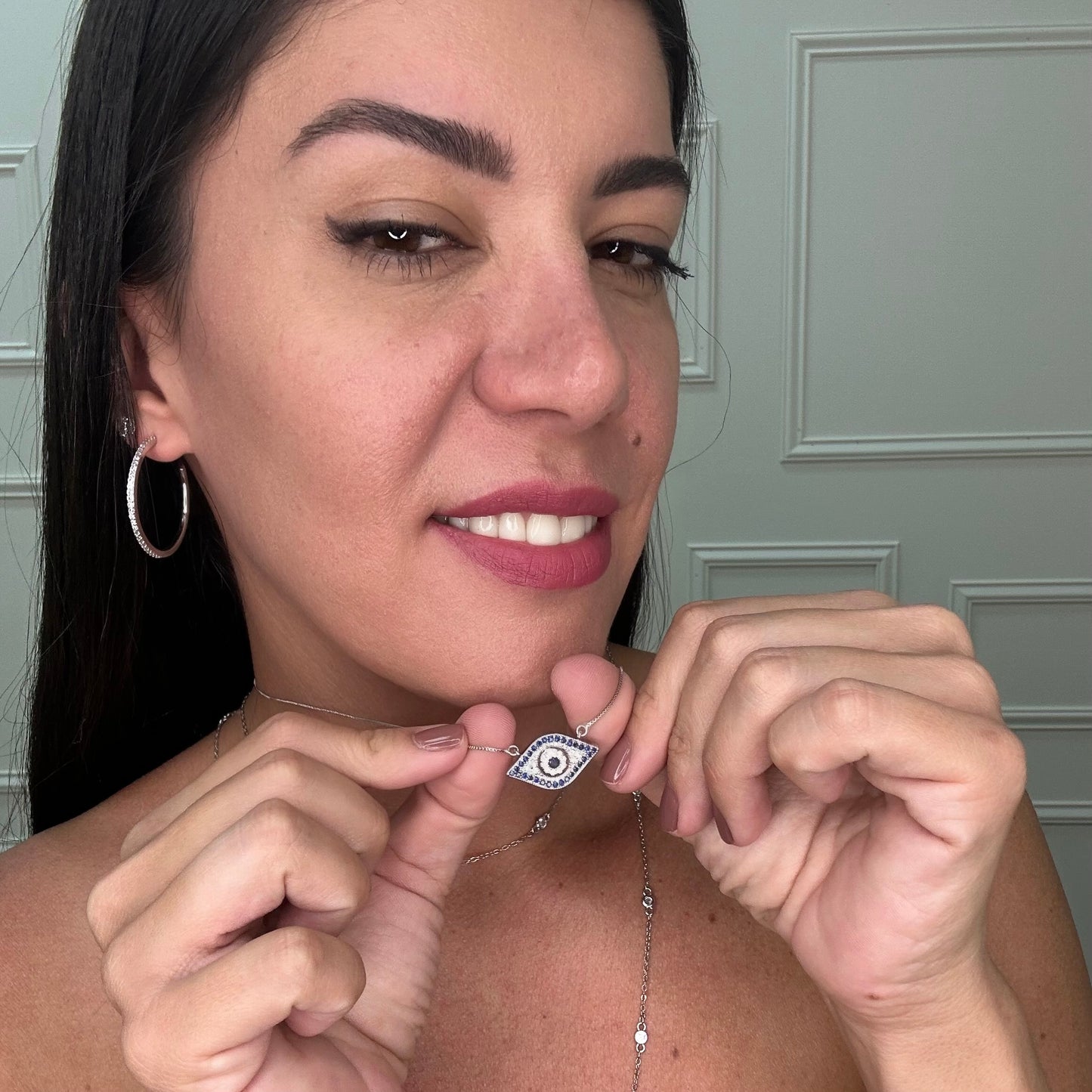 BLUE EVIL EYE NECKLACE | White Rhodium Plated