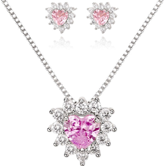 PINK HEART SET | Double White Rhodium Plated