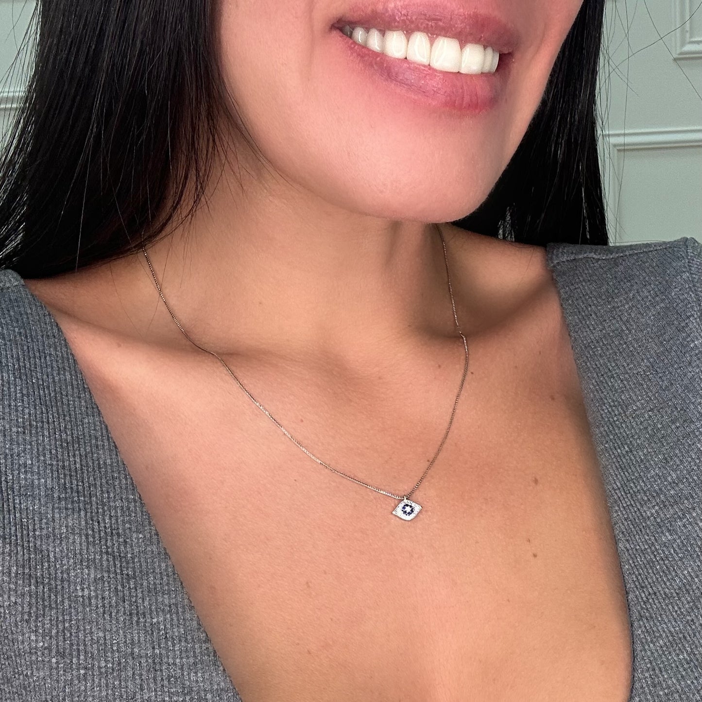 SMALL BLUE EVIL EYE NECKLACE | White Rhodium Plated