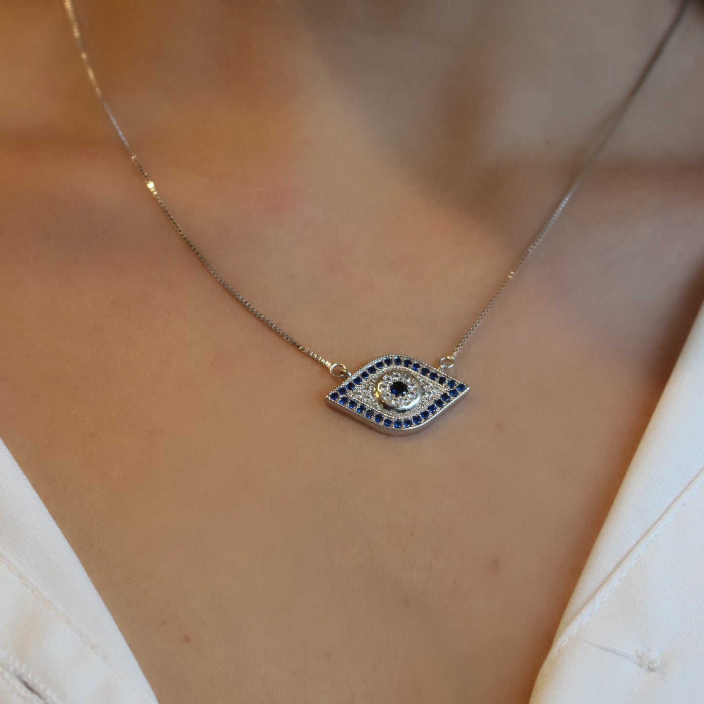 BLUE EVIL EYE NECKLACE | White Rhodium Plated
