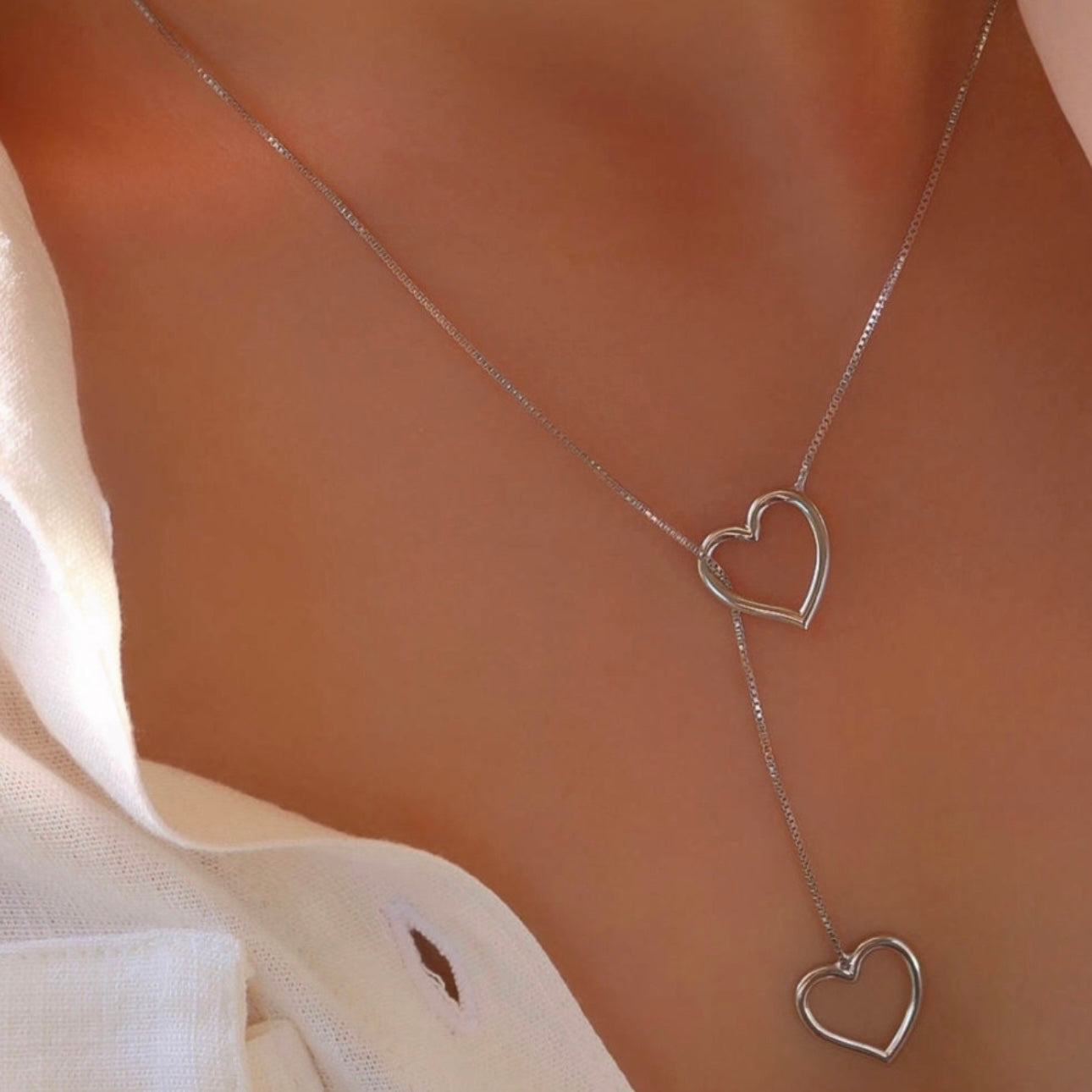LOVELY HEART NECKLACE | Double White Rhodium Plated
