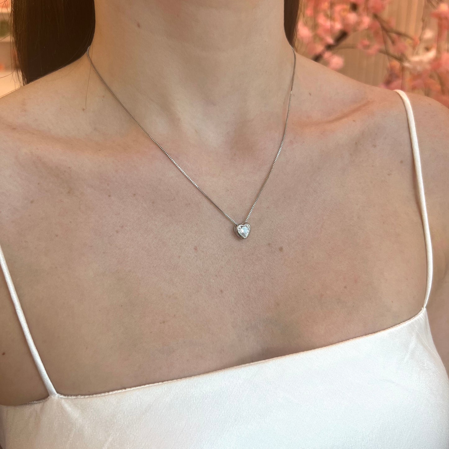HEART STUD NECKLACE | Double White Rhodium Plated