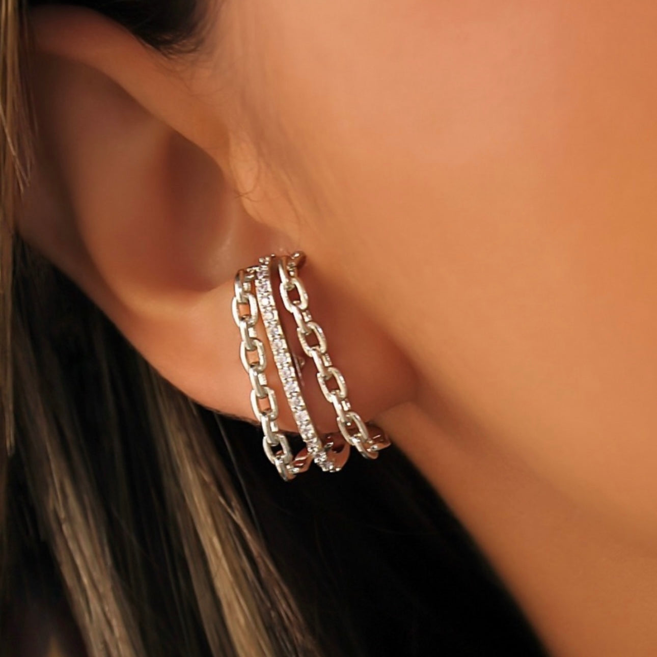 EAR HOOK CHAINS EARRINGS | White Rhodium Plated
