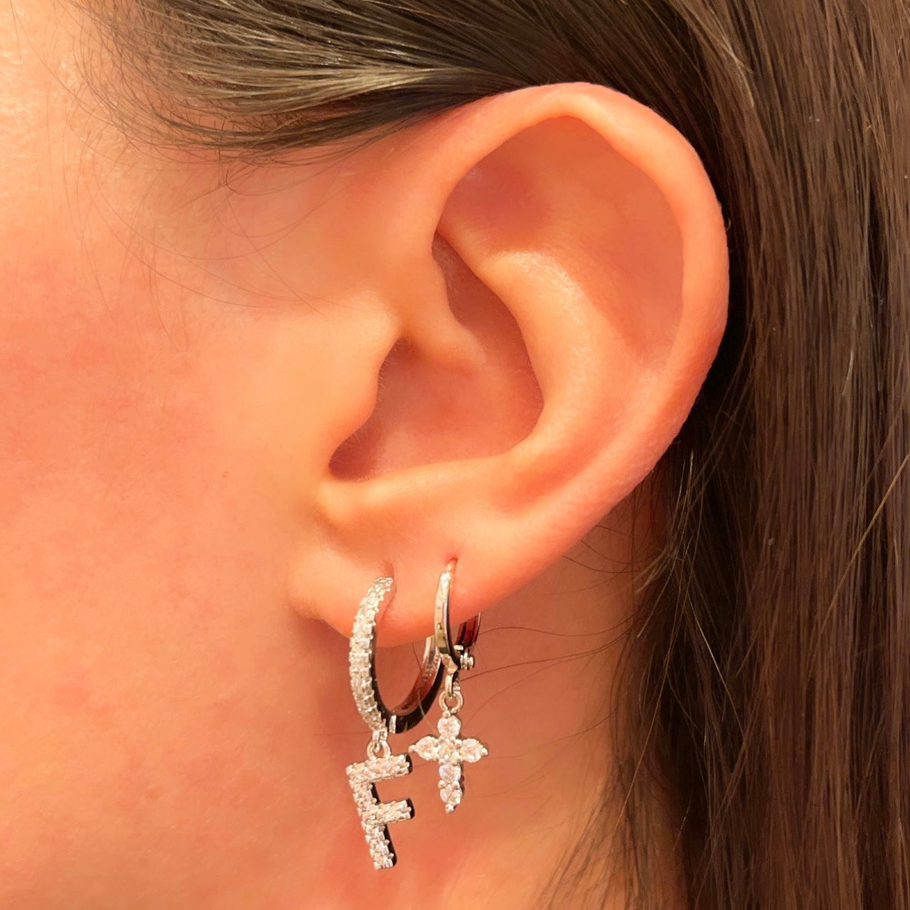 Studded Letters Earrings | White Rhodium Plated