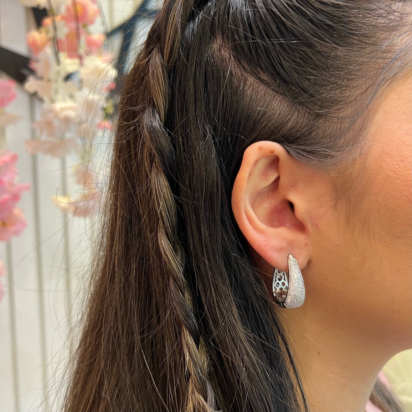 LUXURIOUS DROP STUDDED HOOPS | White Rhodium Plated
