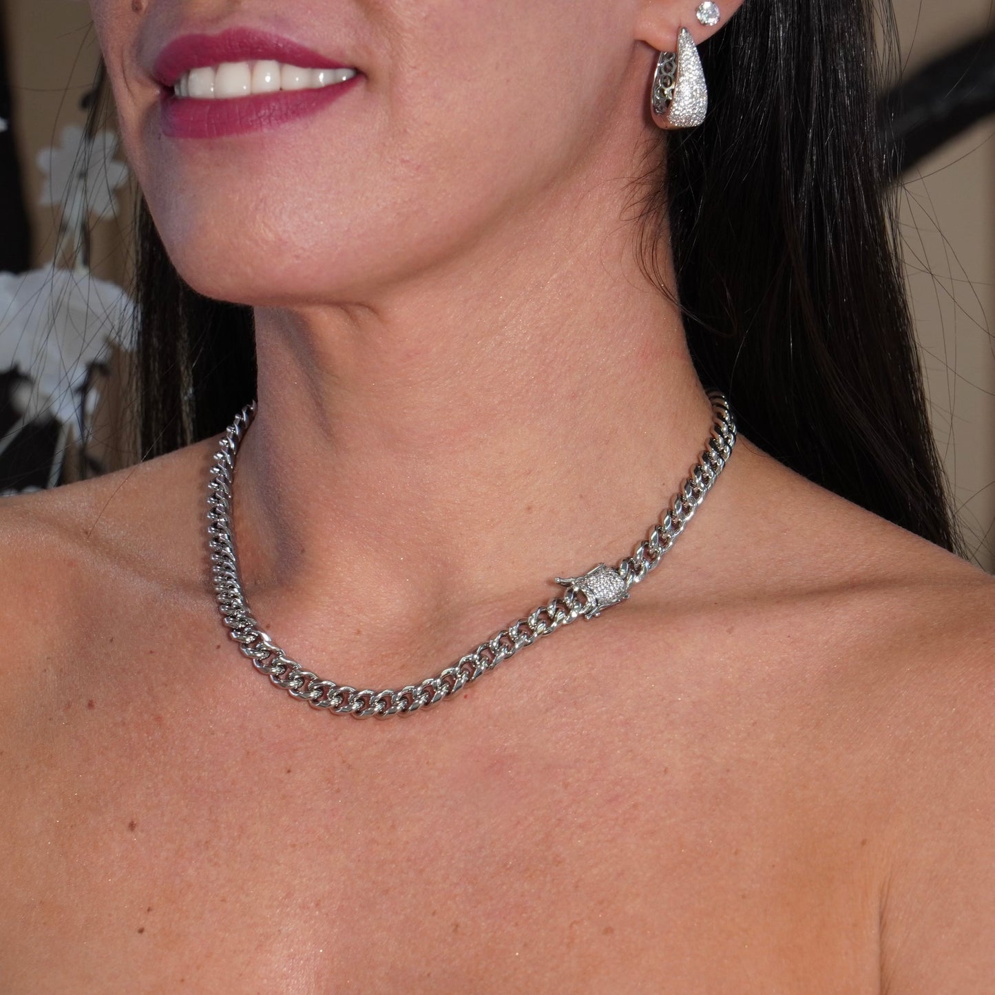 LUXURIOUS DROP STUDDED HOOPS | White Rhodium Plated
